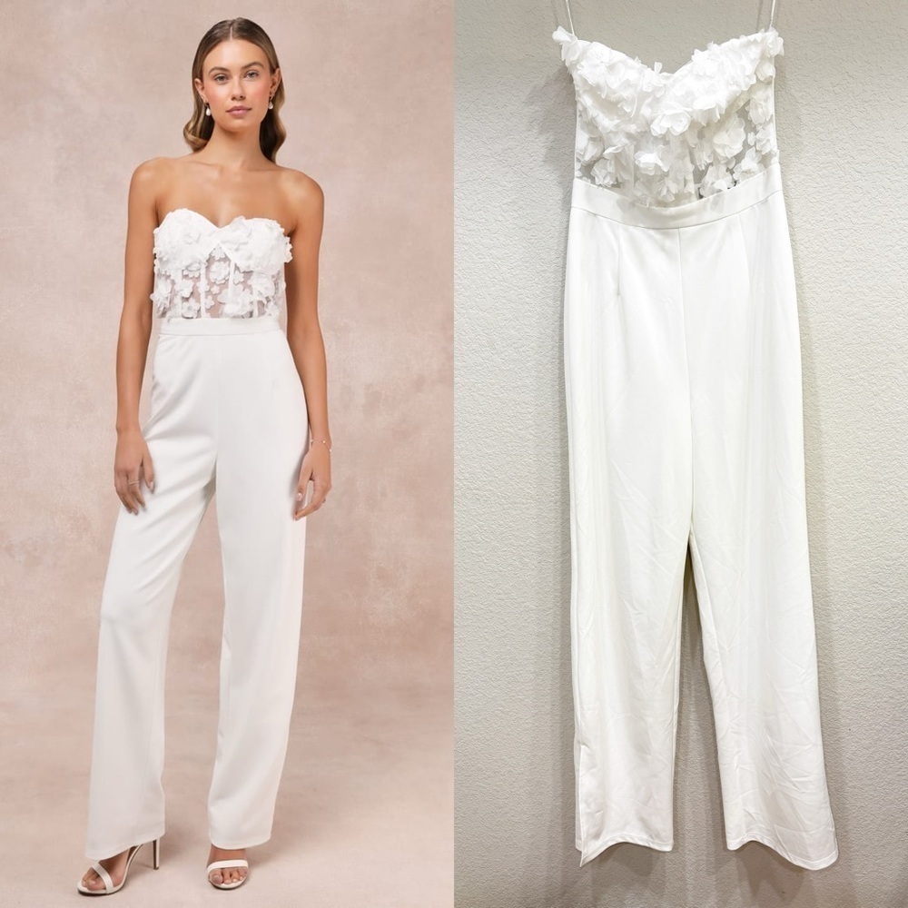 NWOT Lulus Fashionista Nights White Mesh 3D Floral Strapless Jumpsuit